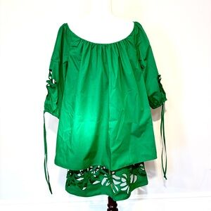 Green Women's Top with Embroidery Floral Design